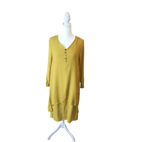 Yellow Asymmetrical Hem Long Sleeve Tunic Dress Large - Picture 2 of 7